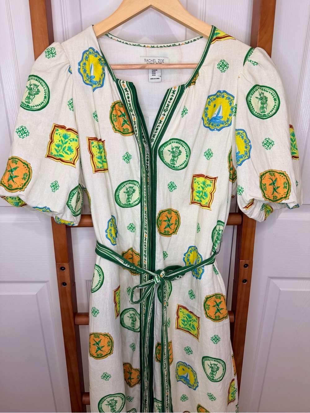 Rachel Zoe Mediterranean Print Linen Blend Belted Maxi Dress M - Picture 3 of 7